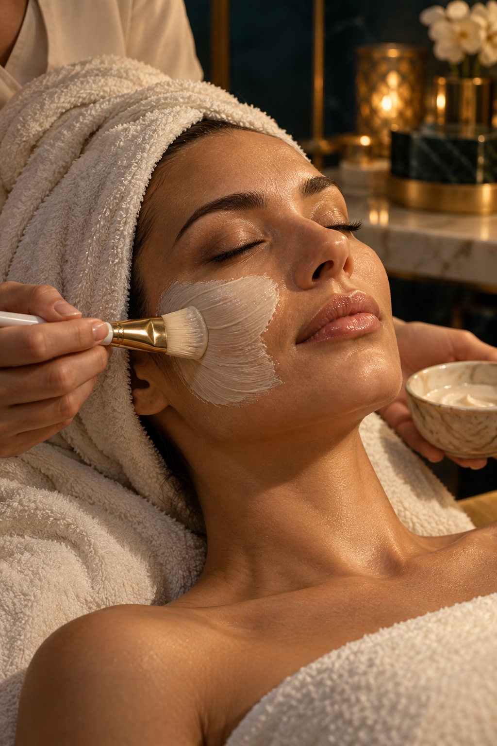 Dettaglio di una maschera viso applicata con un pennello